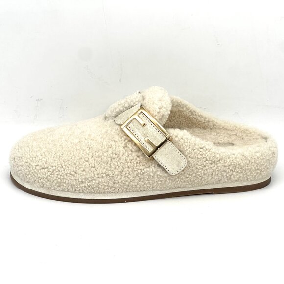 FENDI Feel FF Shearling  Buckled Sabots Mules Slides Flat Clog Sandals - Picture 6 of 16